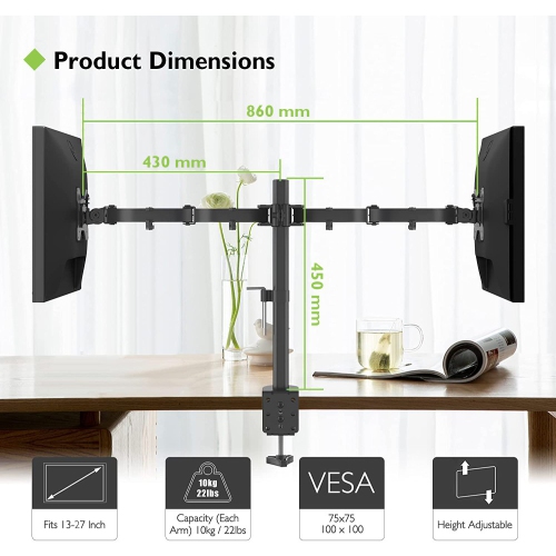 Techly Dual monitor Desk Stand|Supports Two Monitors 13"-27"|Holds Up to 20 kg| VESA Up to100x100|Black