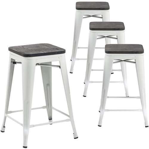 Duramex Set of 4 White 24 Inch Counter Height Metal Bar Stools with Wooden Seat, Indoor/Outdoor, Stackable