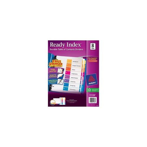 Avery – séparateurs personnalisables de table des matières, préimprimés, 1-8 onglets multicolores, 1 ensemble