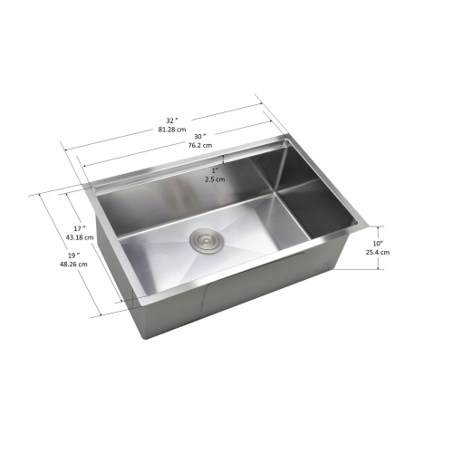 Ancona évier de 32 po. avec cuve unique à installation sous plan en axier inoxydable fabriqué à la main