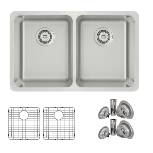 Stylish Dual-Mount 29" Double Bowl Stainless Steel Kitchen Sink with grids and strainers, S-414TG