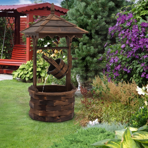 Outsunny Outdoor Wooden Wishing Well Fountain with Hanging Barrel, 47.25" Tall Rustic Waterfall Fountain with Electric Pump, Stained Wood