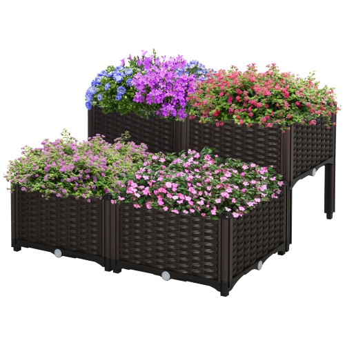 Outsunny 4 Piece Raised Garden Bed PP Raised Flower Bed Vegetable Herb Grow Box Stand Brown