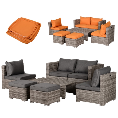 OUTSUNNY  8-Piece Outdoor Patio Wicker Rattan Sofa Set With Double Loveseat, Side Tables & Foot-Stools (8PC) - Grey/orange