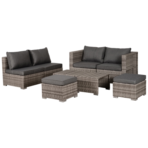 Outsunny 8-Piece Outdoor Patio Wicker Rattan Sofa Set with Double Loveseat, Side tables & Foot-stools - Grey/Orange