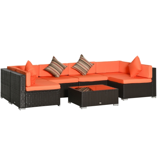 Outsunny 7-Piece Rattan Wicker Sectional Sofa Garden Set w/ Center Table & 200g Orange Outdoor Cushions - Dark Coffee