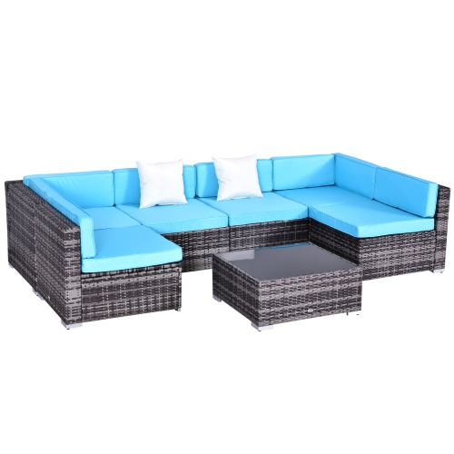 Outsunny 7-Piece Rattan Wicker Sectional Sofa Garden Set w/ Center Table & 200g Light Aqua Blue Outdoor Cushions - Grey