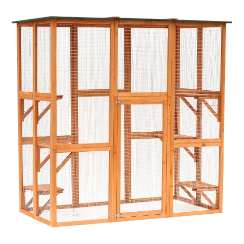 PawHut Large Outdoor Catio Enclosure, Wooden Cat Patio with 6 Balanced Platforms and Asphalt Roof, 71" x 38.5" x 71", Orange