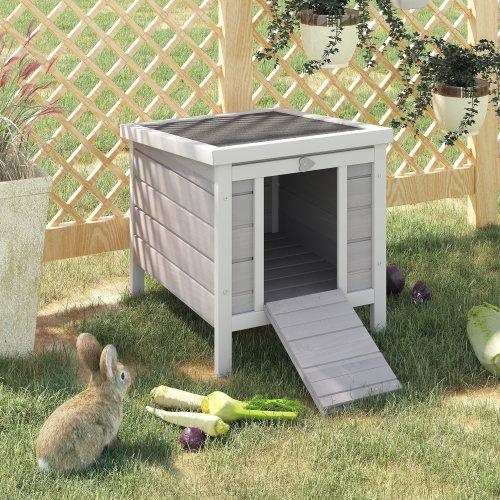 PawHut Wooden Rabbit Hutch Bunny Cage Outdoor Cat House Guinea Pig Cage Duck Shelter, Indoor Outdoor Use, 20"x16.5"x17", Grey