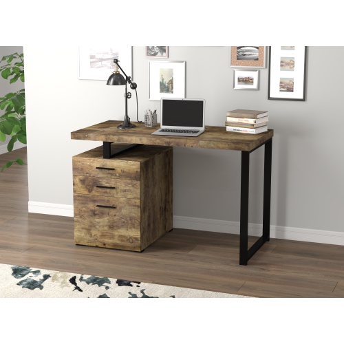 Computer Desk Brown Reclaimed Wood 3 Drawers Black Metal