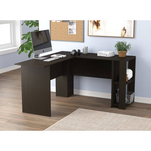 Grand bureau d'ordinateur de travail en L avec 2 tablettes couleur cappuccino 55 L