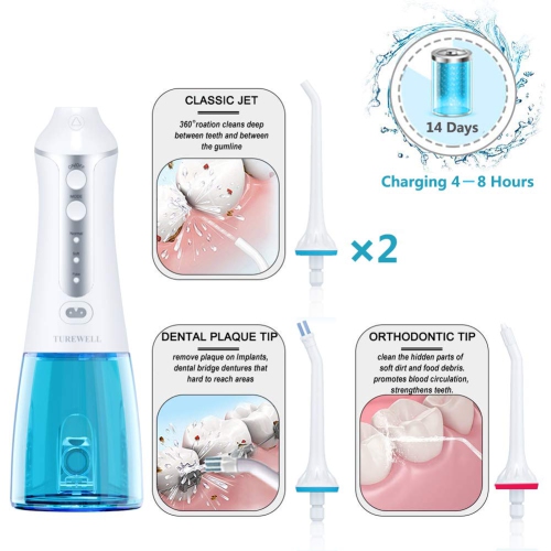 Cordless Water Flosser Oral Irrigator, Rechargeable Portable Water Flosser 3 Modes with 4 Tips, 300ml Reservoir