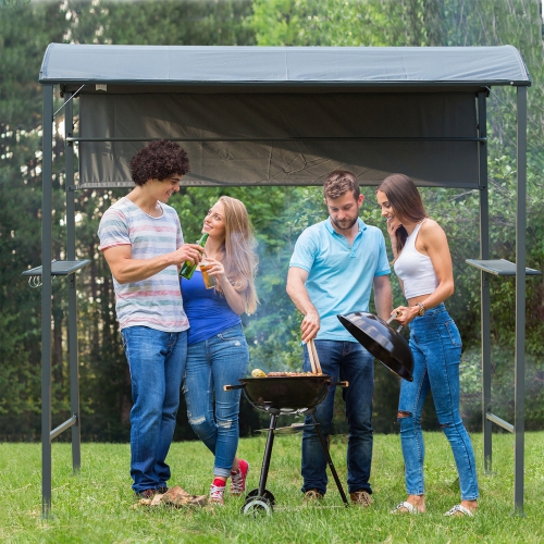 Outsunny 7x4.5ft Outdoor BBQ Gazebo Tent Metal Frame Garden Grill Canopy Sunshade Backyard Portable Shelter with Side Awning 2 Shelves and 5 Hooks