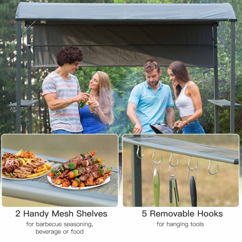 Outsunny 7x4.5ft Outdoor BBQ Gazebo Tent Metal Frame Garden Grill Canopy Sunshade Backyard Portable Shelter with Side Awning 2 Shelves and 5 Hooks