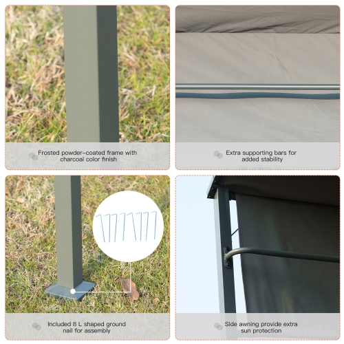 Outsunny 7x4.5ft Outdoor BBQ Gazebo Tent Metal Frame Garden Grill Canopy Sunshade Backyard Portable Shelter with Side Awning 2 Shelves and 5 Hooks