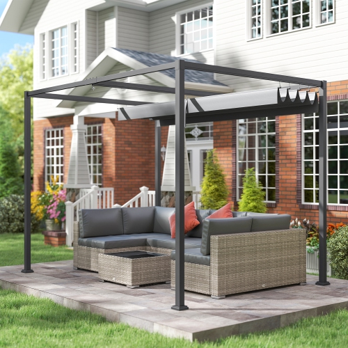 Pergola de jardin Outsunny avec auvent rétractable, 10 x 7 pi, abri extérieur, abat-jour, gris