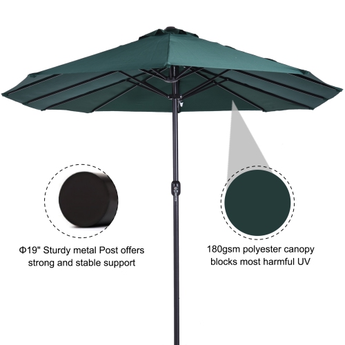Outsunny 15ft Double-sided Patio Umbrella with Twin Canopy, Extra Large Outdoor Parasol with Crank for Pool, Deck, Market, Dark Green