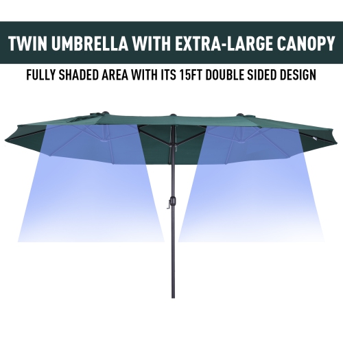 Outsunny 15ft Double-sided Patio Umbrella with Twin Canopy, Extra Large Outdoor Parasol with Crank for Pool, Deck, Market, Dark Green