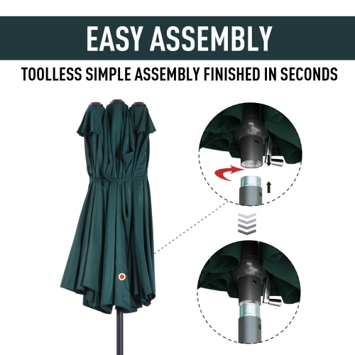 Outsunny 15ft Double-sided Patio Umbrella with Twin Canopy, Extra Large Outdoor Parasol with Crank for Pool, Deck, Market, Dark Green