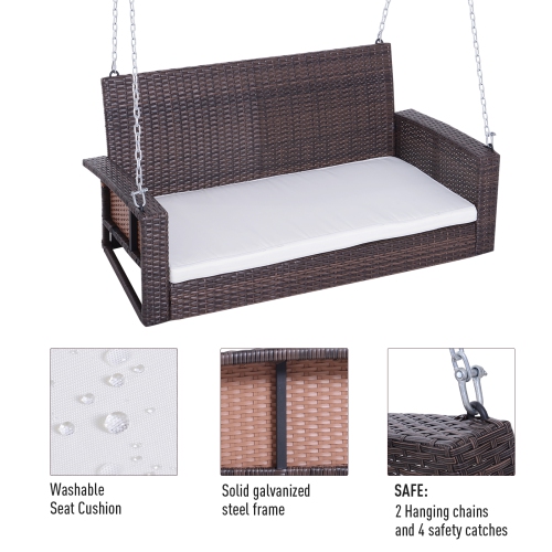 Outsunny 2-Person Patio Porch Swing Chair, Outdoor Rattan Hanging Bench with Cushion & 7.2 ft Steel Chains, Beige