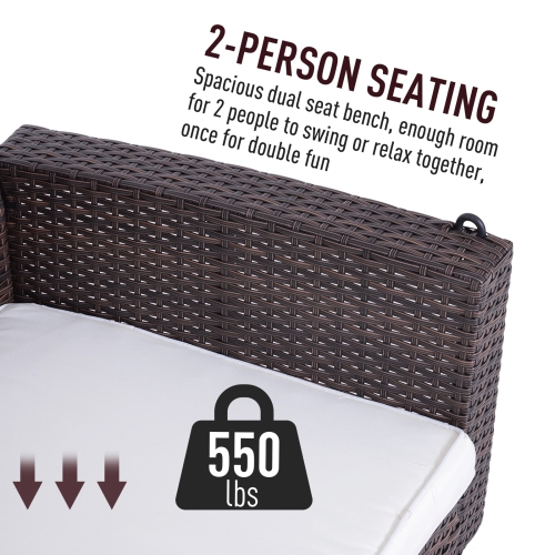 Outsunny 2-Person Patio Porch Swing Chair, Outdoor Rattan Hanging Bench with Cushion & 7.2 ft Steel Chains, Beige