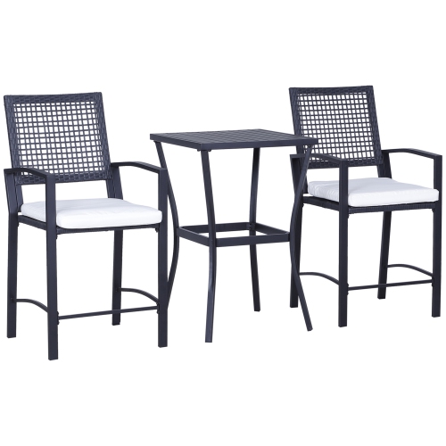 Outsunny 3 Pieces Outdoor Wicker Bar Set, Classic Bistro Bar Set Garden Rattan Style Patio Bar Table & High Chairs w/ Cushions Home Bar Furniture,