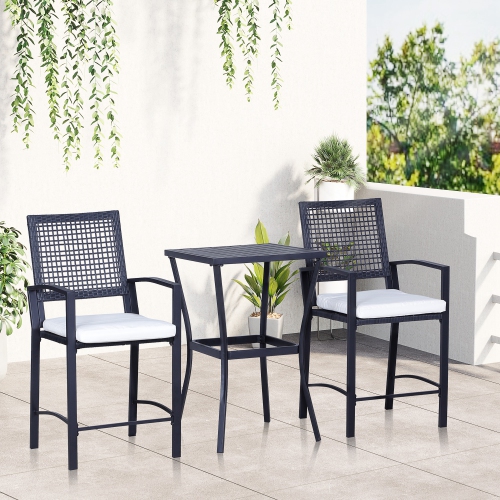 Outsunny 3 Pieces Outdoor Wicker Bar Set, Classic Bistro Bar Set Garden Rattan Style Patio Bar Table & High Chairs w/ Cushions Home Bar Furniture,