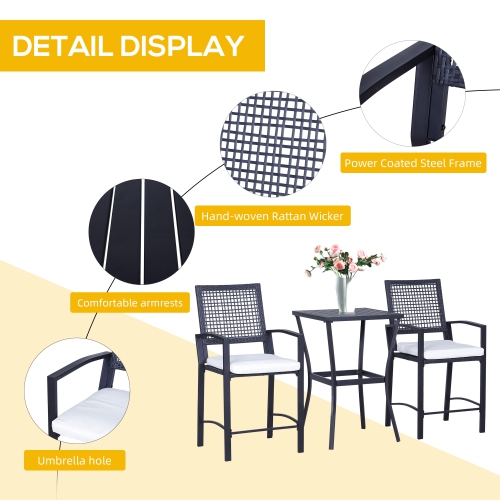 Outsunny 3 Pieces Outdoor Wicker Bar Set, Classic Bistro Bar Set Garden Rattan Style Patio Bar Table & High Chairs w/ Cushions Home Bar Furniture,