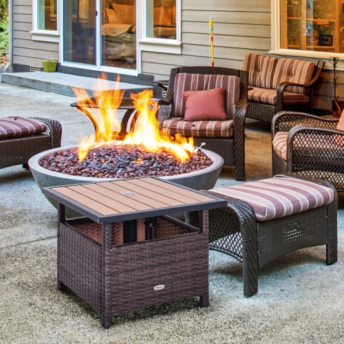 Outsunny 22" Square Steel PE Rattan Wicker Table With Umbrella Hole, Outdoor Patio Accent Dining Side Table Used as Umbrella Stand, Brown