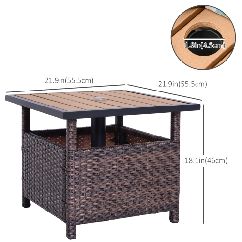 Outsunny 22" Square Steel PE Rattan Wicker Table With Umbrella Hole, Outdoor Patio Accent Dining Side Table Used as Umbrella Stand, Brown