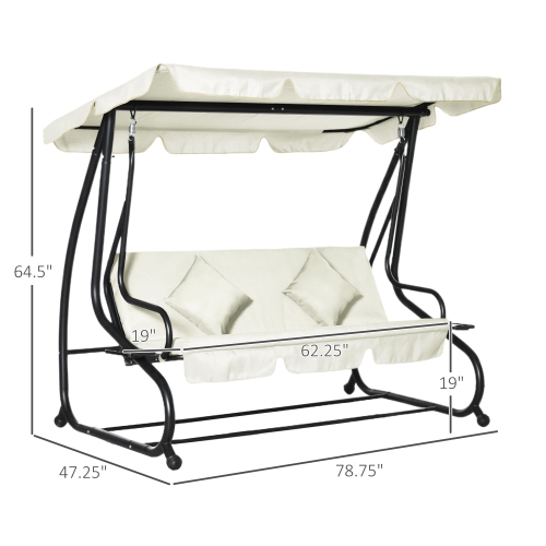 Outsunny 3-Seat Outdoor Patio Swing Chair, Converting Flat Bed, Canopy Swing with Adjustable Shade, Removable Cushions, Cup Holder, Cream White