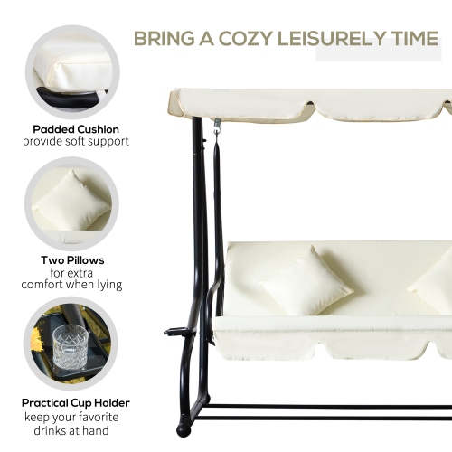 Outsunny 3-Seat Outdoor Patio Swing Chair, Converting Flat Bed, Canopy Swing with Adjustable Shade, Removable Cushions, Cup Holder, Cream White