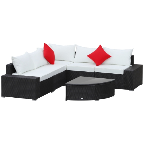 Outsunny 6 Pieces Wicker Patio Furniture Set, PE Rattan Outdoor Garden Conversation Sectional Sofa Set with 4" Thick Padded Cushions, Fan-shape Glass