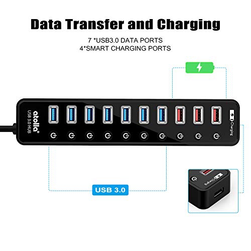 USB Hub, atolla Powered USB 3.0 Hub, 11-Port USB Splitter(7 USB 3.0 Data Ports+4 USB 3.0 Smart Charging Ports)