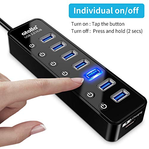 Powered USB Hub 3.0, Atolla 7-Port USB Data Hub Splitter with One Smart Charging Port and Individual On/Off Switches