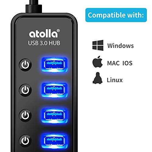 Powered USB Hub 3.0, Atolla 7-Port USB Data Hub Splitter with One Smart Charging Port and Individual On/Off Switches