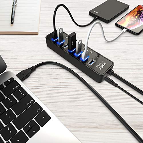Powered USB Hub 3.0, Atolla 7-Port USB Data Hub Splitter with One Smart Charging Port and Individual On/Off Switches