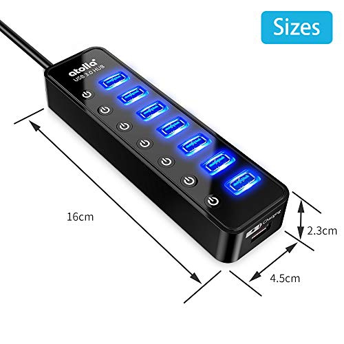 Powered USB Hub 3.0, Atolla 7-Port USB Data Hub Splitter with One Smart Charging Port and Individual On/Off Switches