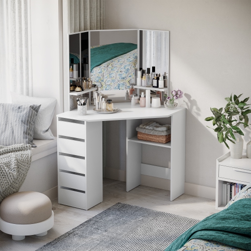 HOMCOM Corner Vanity Desk with Mirror, Makeup Vanity Table with 5 Drawers and Open Shelves, Dressing Table with 3-piece Mirror for Bedroom, White