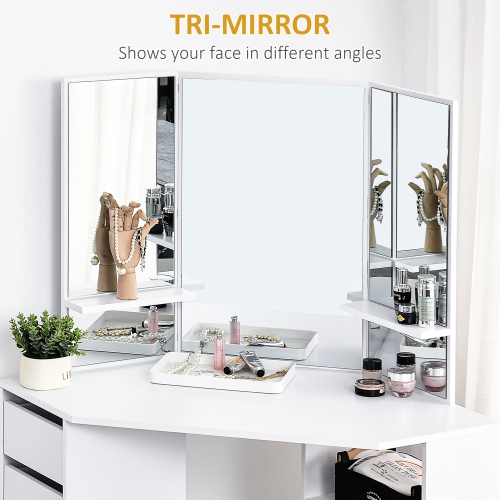 HOMCOM Corner Vanity Desk with Mirror, Makeup Vanity Table with 5 Drawers and Open Shelves, Dressing Table with 3-piece Mirror for Bedroom, White