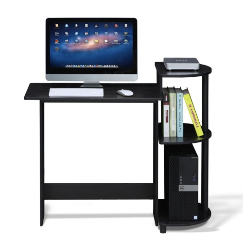 Furinno Engineered Wood Compact Computer Desk with Shelves in Americano Black