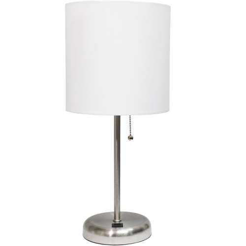 LimeLights Silver Metal Stick Lamp w/ USB Port with White Shade