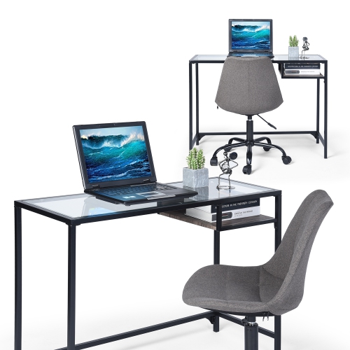 FurnitureR Computer Desk Modern Home Office Writing Table Tempered Glass Top