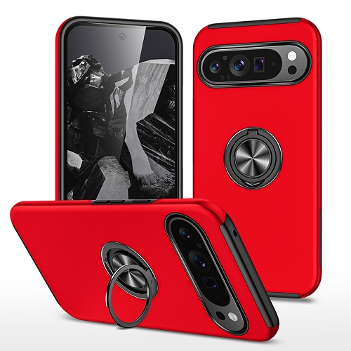 TopSave "Hidden Series" Solid Color PC Back Combine w/Inner Black TPU Bumper Kickstand Armor Case For Google Pixel 9, Google Pixel 9 Pro 6.3", Red