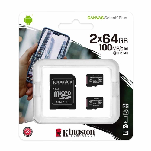 Kingston - Set of 2 Micro SDXC Canvas Select Plus Cards, 100R, A1, C10, 64GB with 1 Adapter