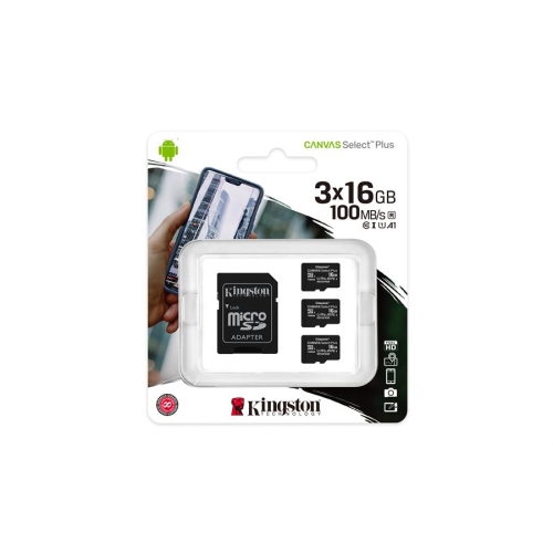 Kingston - Set of 3 Micro SDXC Canvas Select Plus Cards, 100R, A1, C10, 16GB with 1 Adapter