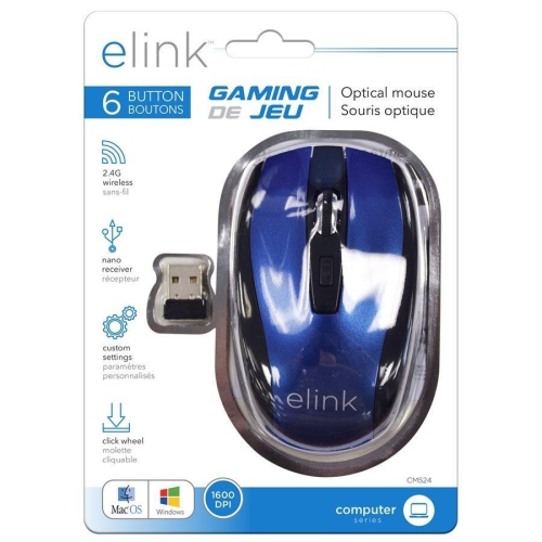 Elink CM524 - 6 Button Wireless Optical Gaming Mouse With Click Wheel and Nano Receiver, Blue
