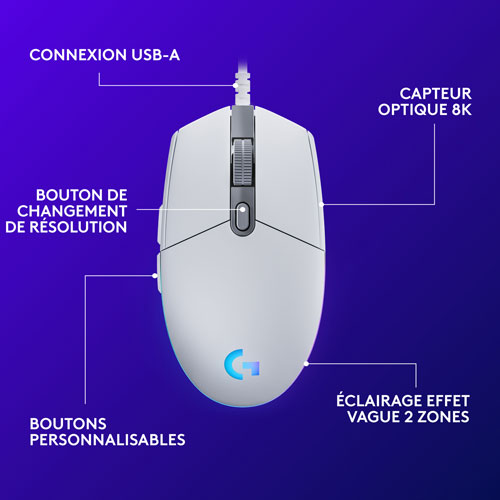 Souris de jeu optique de 8000 ppp G203 LIGHTSYNC de Logitech - Blanc