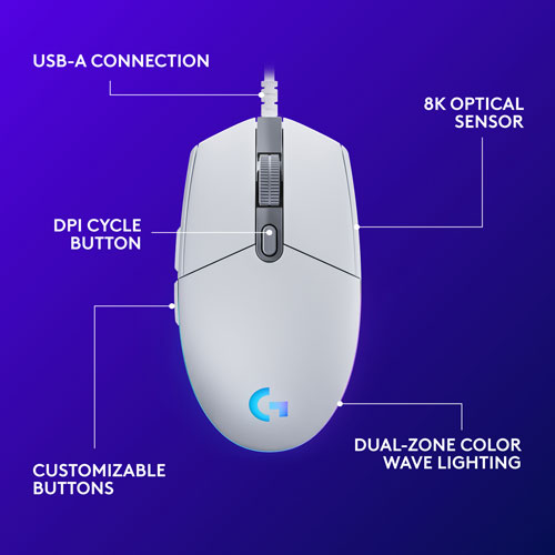 Logitech G203 LIGHTSYNC 8000 DPI Optical Gaming Mouse - White
