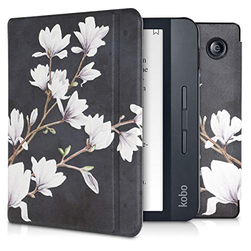 Magnolias Taupe//White//Blue Grey kwmobile Case Compatible with Kobo Nia PU e-Reader Cover